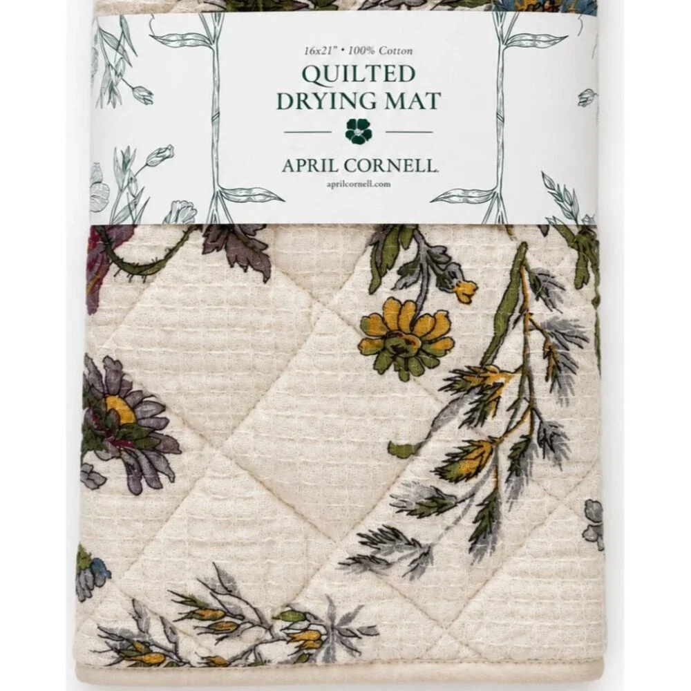 April Cornell Beige WILDFLOWERS Drying Mat Gauze Waffle Weave Top Quilted Back
